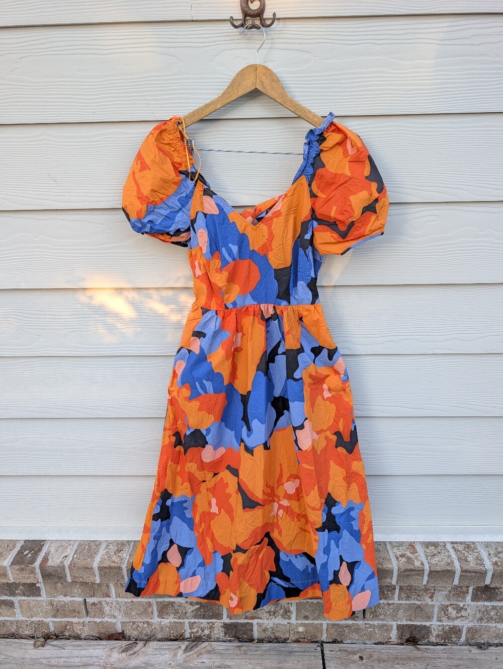 Tabitha Brown Dress Size 8 Orange Blue Maxi Cotton Puff Sleeves Open Back W Tie